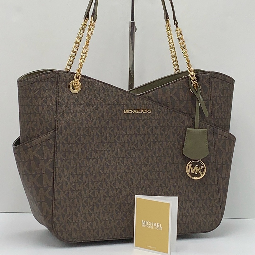 MICHAEL KORS 
Jet Set Large Logo Tote Chain Shoulder Bag 
COLOR OLIVE 
NWT - Picture 4 of 16